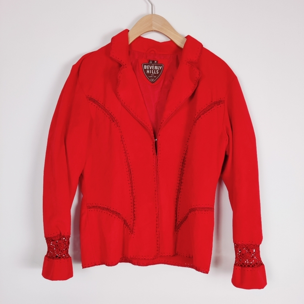 Vintage Beverly Hills Red Jacket Intricate Crochet Cuffs Size Medium Western